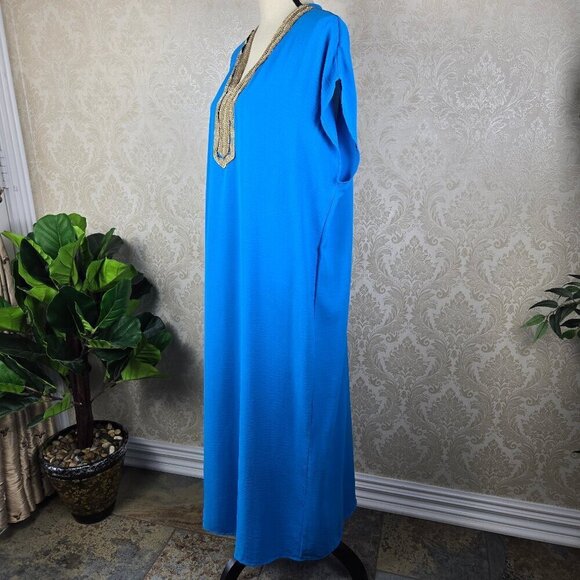 Venti6 Size 1X Lagoon Blue Caftan Gold Embroidered Applique Trim Maxi Length - Picture 4 of 10